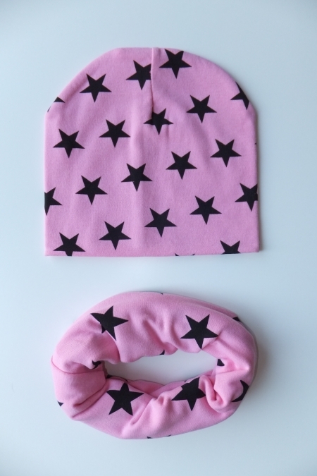ВАРЕ, Комплект шапка и хомут розовый, в мелкие звезды