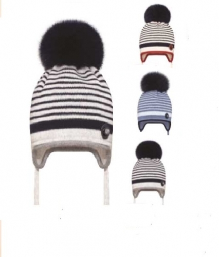 BARBARAS Зимняя шапка с пуговкой в полосоку (натур помпон)